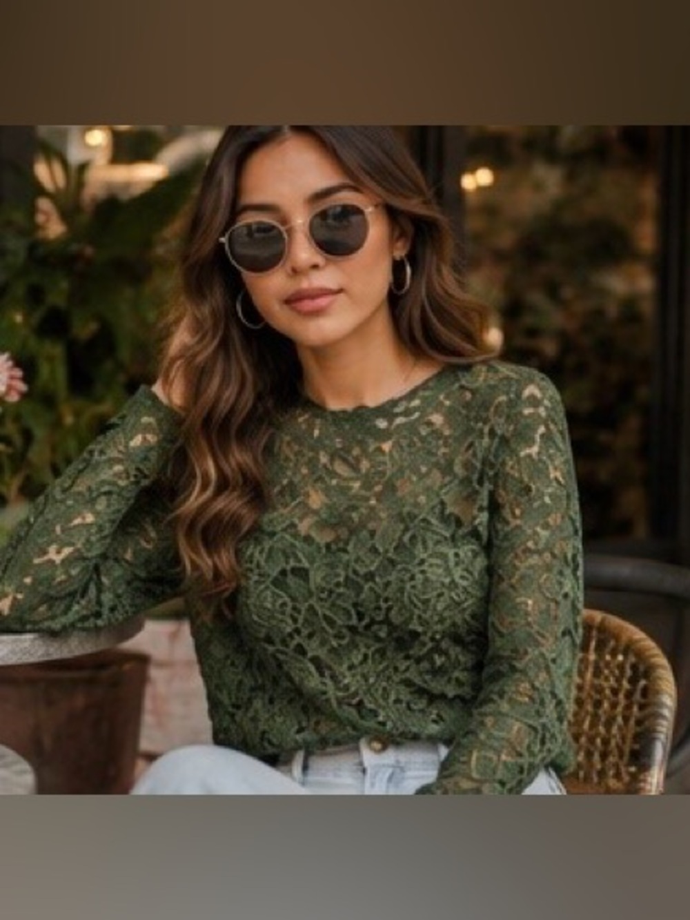 GLG - Olive Green Floral Lace Long-Sleeve Top
